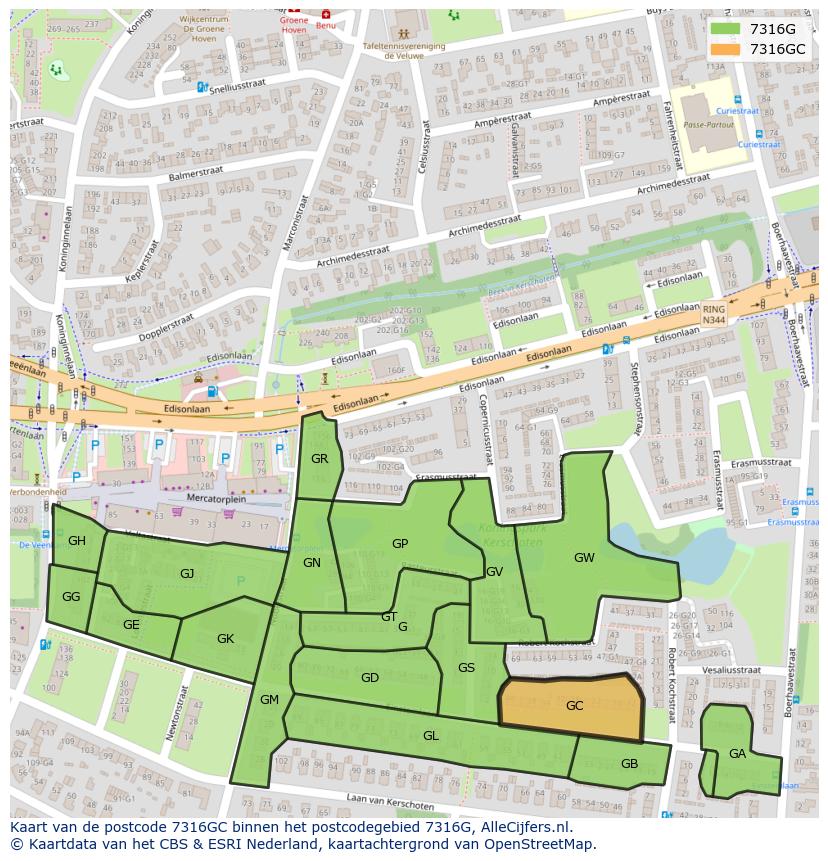 Afbeelding van het postcodegebied 7316 GC op de kaart.