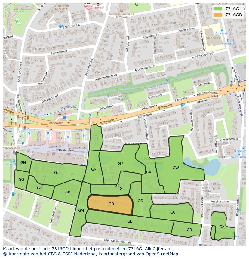 Afbeelding van het postcodegebied 7316 GD op de kaart.