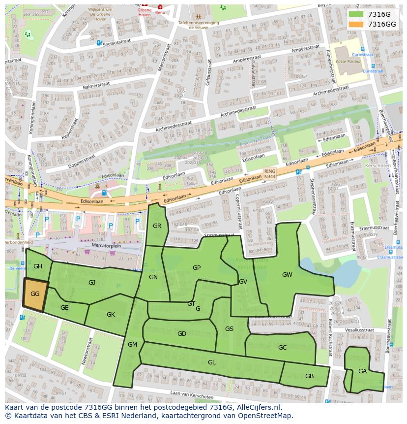 Afbeelding van het postcodegebied 7316 GG op de kaart.