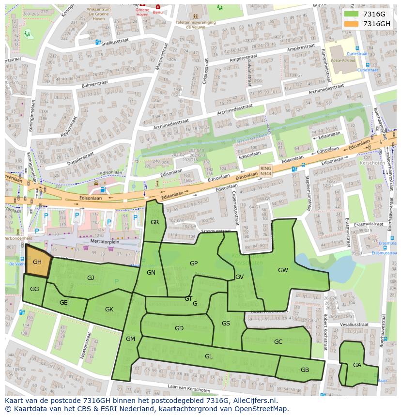 Afbeelding van het postcodegebied 7316 GH op de kaart.
