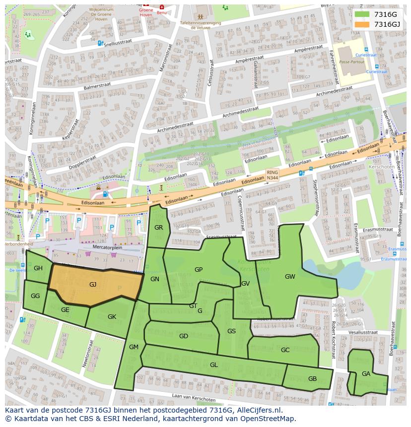 Afbeelding van het postcodegebied 7316 GJ op de kaart.