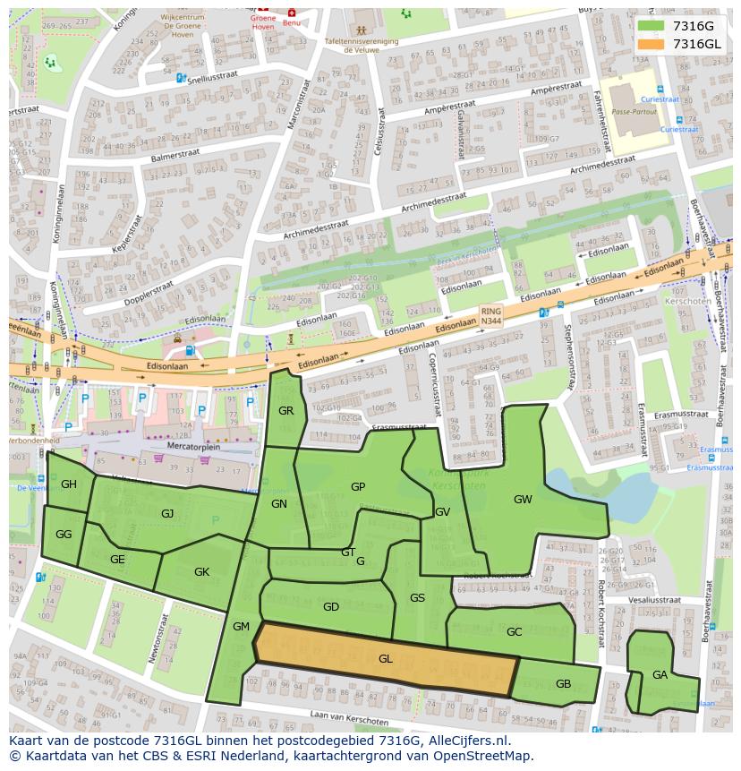 Afbeelding van het postcodegebied 7316 GL op de kaart.