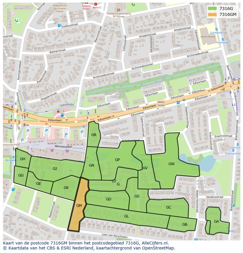 Afbeelding van het postcodegebied 7316 GM op de kaart.
