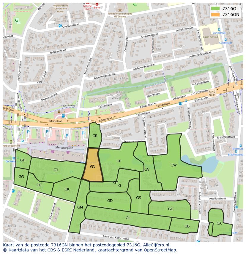 Afbeelding van het postcodegebied 7316 GN op de kaart.