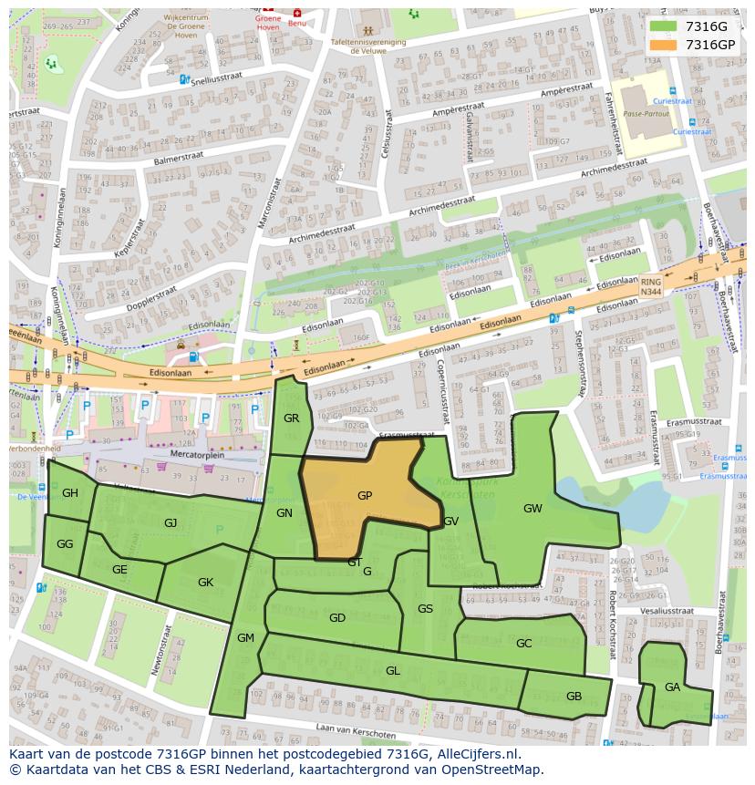 Afbeelding van het postcodegebied 7316 GP op de kaart.