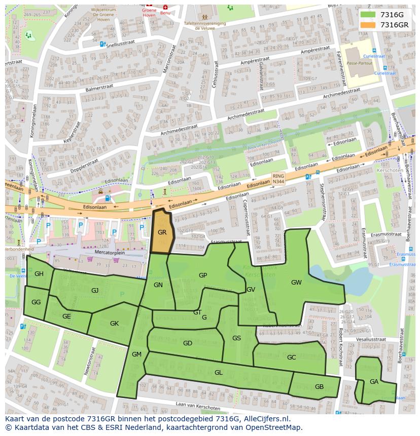 Afbeelding van het postcodegebied 7316 GR op de kaart.