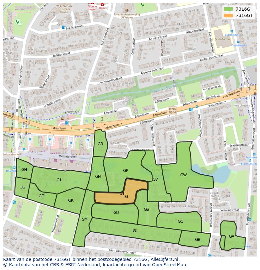 Afbeelding van het postcodegebied 7316 GT op de kaart.