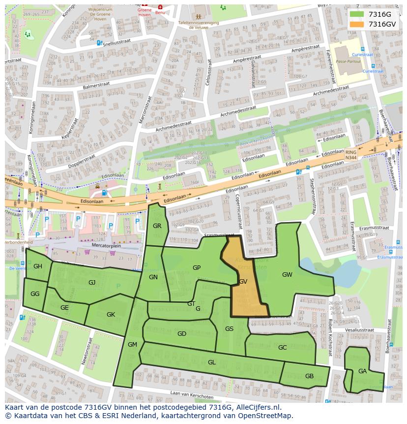 Afbeelding van het postcodegebied 7316 GV op de kaart.