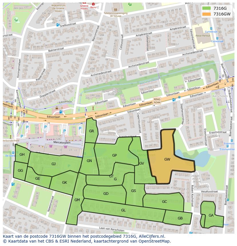 Afbeelding van het postcodegebied 7316 GW op de kaart.