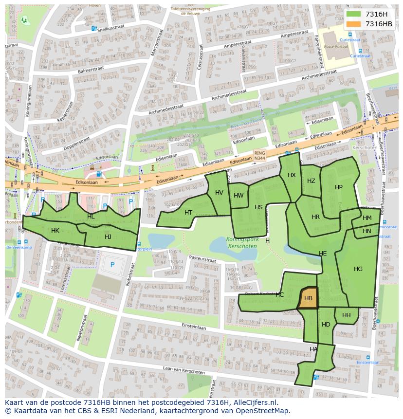 Afbeelding van het postcodegebied 7316 HB op de kaart.
