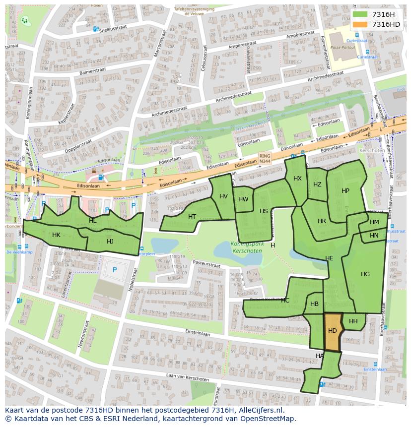 Afbeelding van het postcodegebied 7316 HD op de kaart.