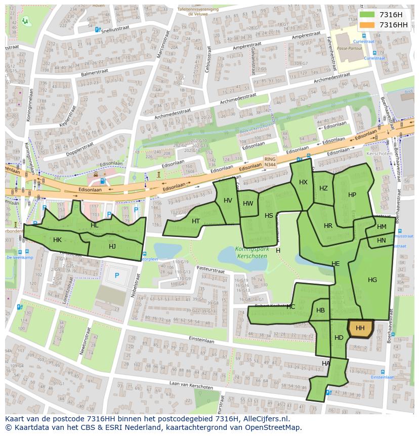 Afbeelding van het postcodegebied 7316 HH op de kaart.
