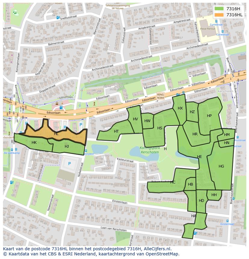 Afbeelding van het postcodegebied 7316 HL op de kaart.