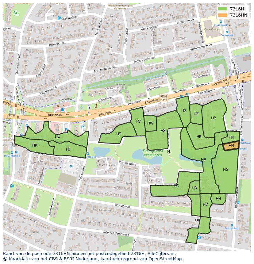 Afbeelding van het postcodegebied 7316 HN op de kaart.