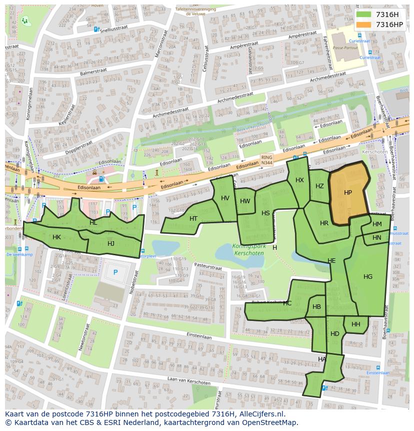 Afbeelding van het postcodegebied 7316 HP op de kaart.