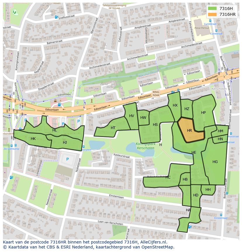 Afbeelding van het postcodegebied 7316 HR op de kaart.