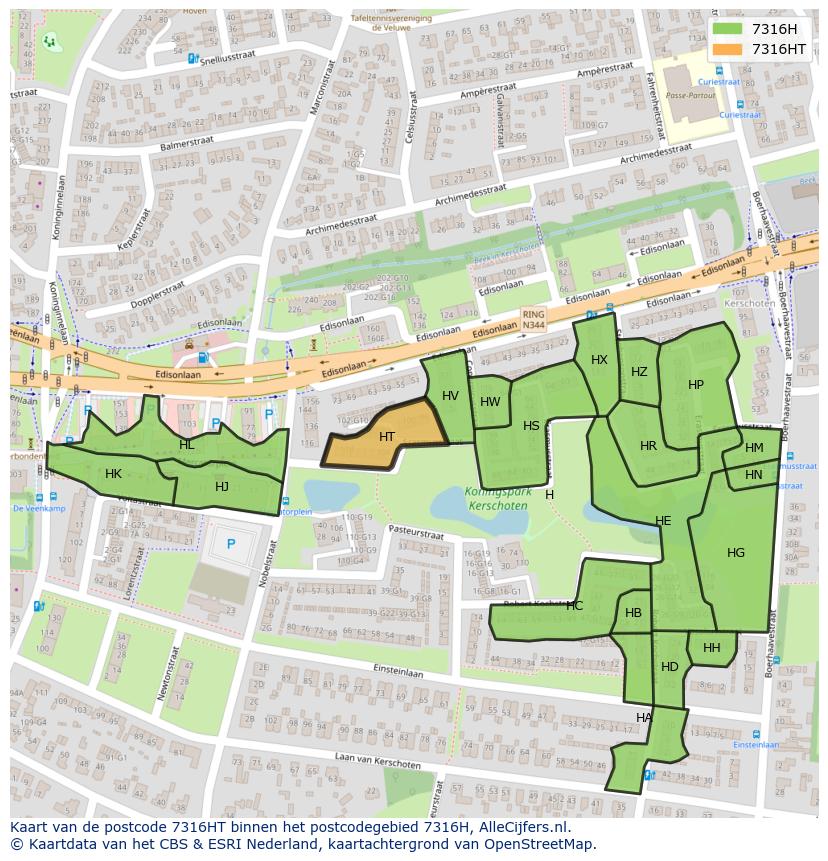 Afbeelding van het postcodegebied 7316 HT op de kaart.