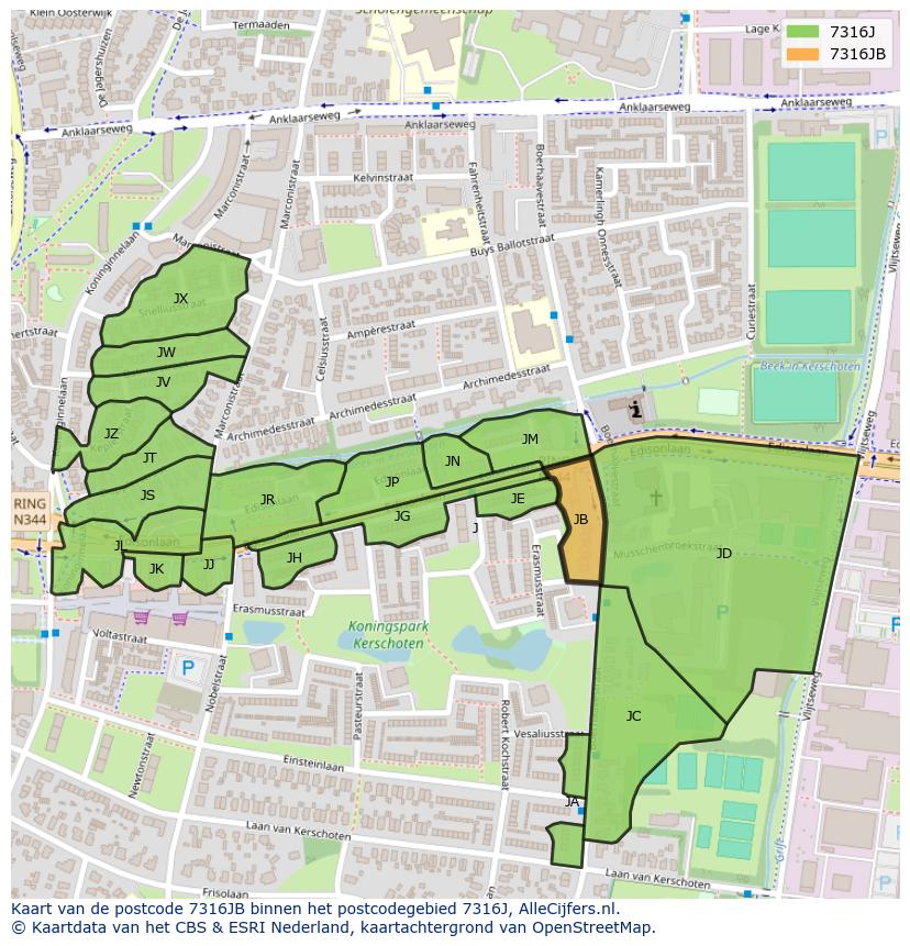 Afbeelding van het postcodegebied 7316 JB op de kaart.