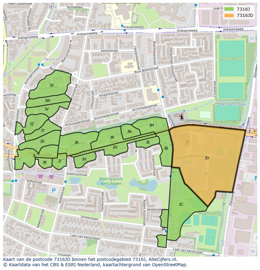 Afbeelding van het postcodegebied 7316 JD op de kaart.