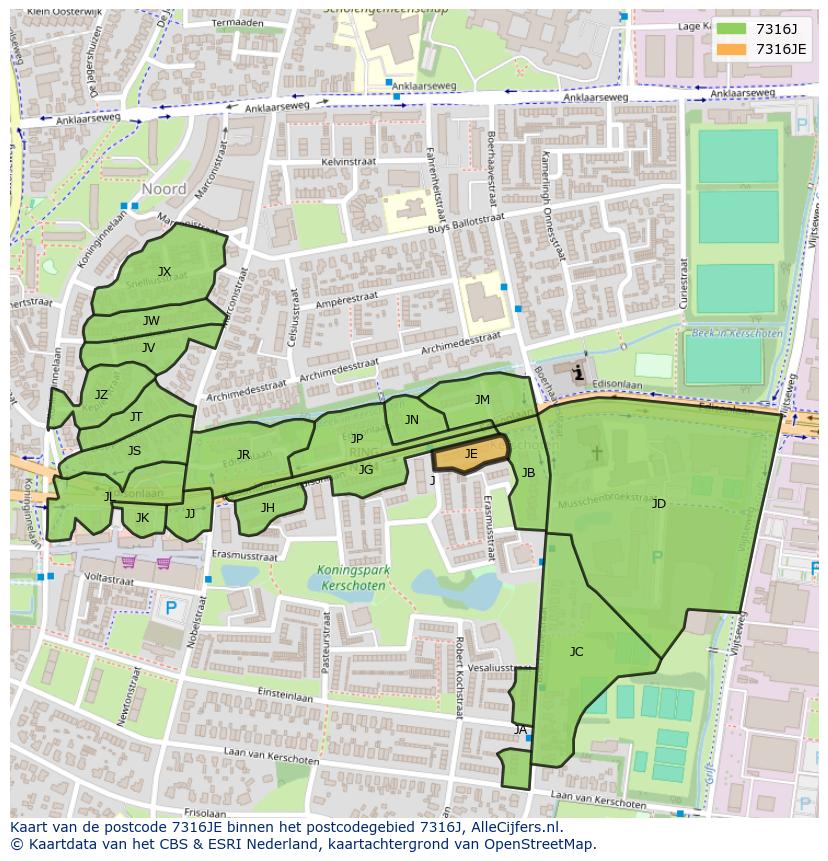 Afbeelding van het postcodegebied 7316 JE op de kaart.