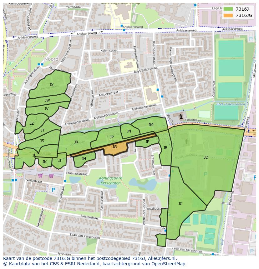 Afbeelding van het postcodegebied 7316 JG op de kaart.