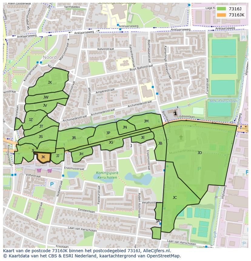 Afbeelding van het postcodegebied 7316 JK op de kaart.