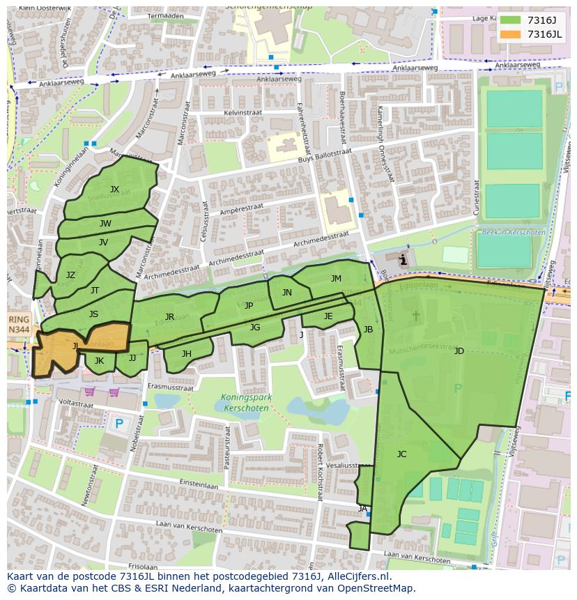 Afbeelding van het postcodegebied 7316 JL op de kaart.