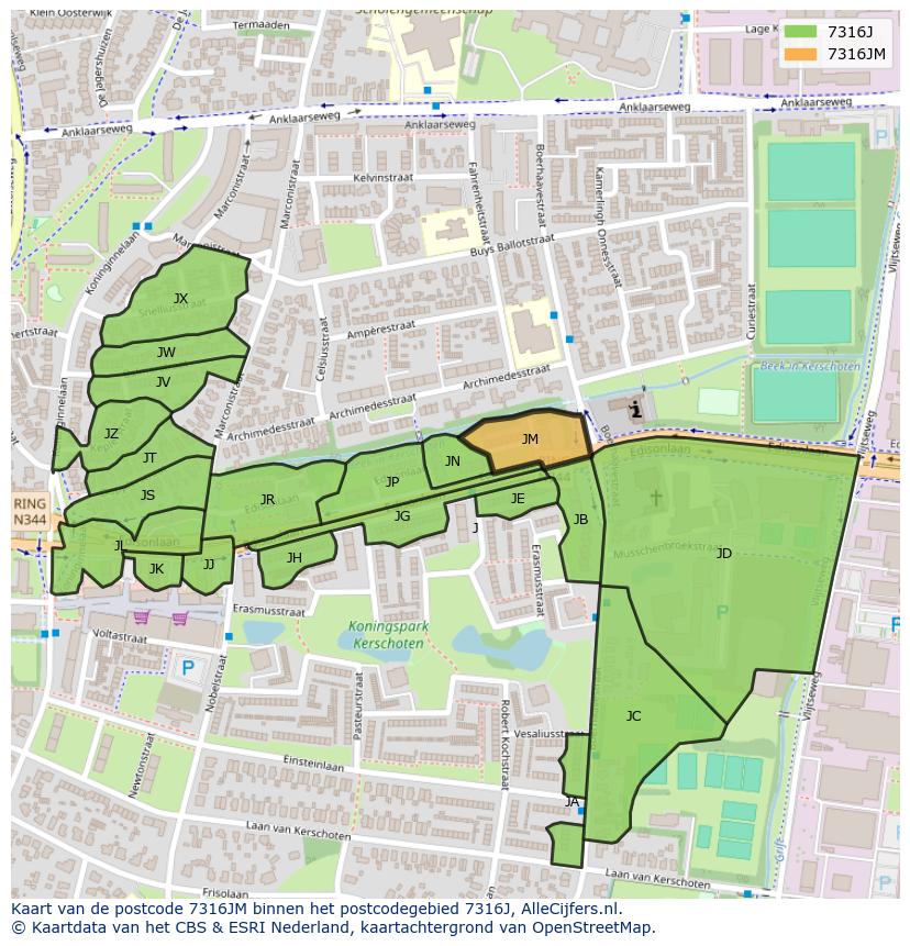 Afbeelding van het postcodegebied 7316 JM op de kaart.