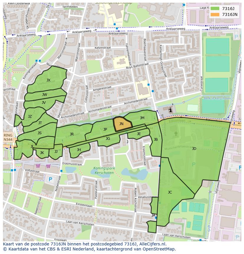Afbeelding van het postcodegebied 7316 JN op de kaart.