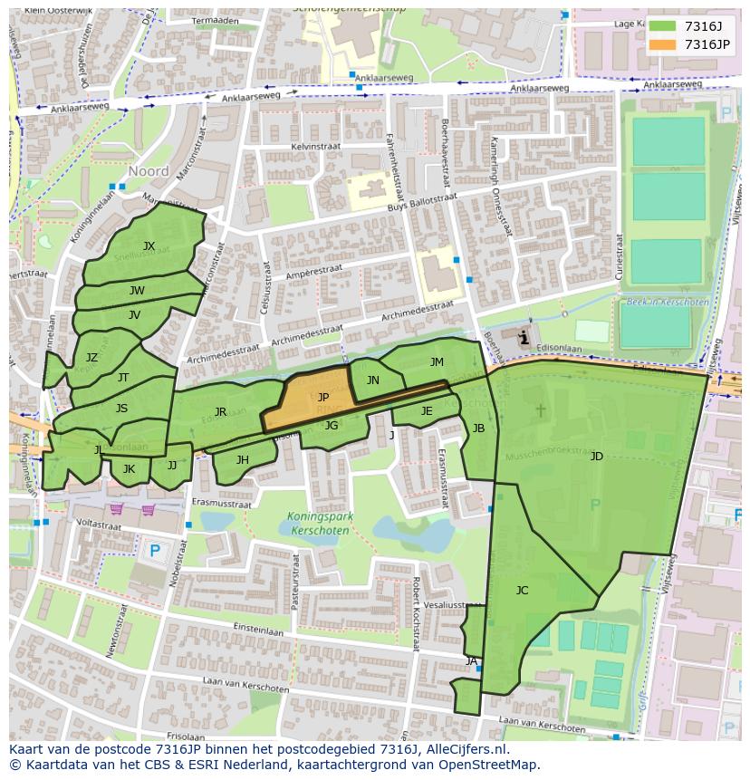 Afbeelding van het postcodegebied 7316 JP op de kaart.