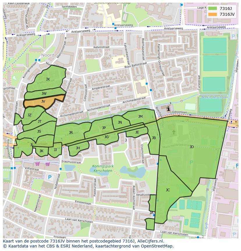 Afbeelding van het postcodegebied 7316 JV op de kaart.