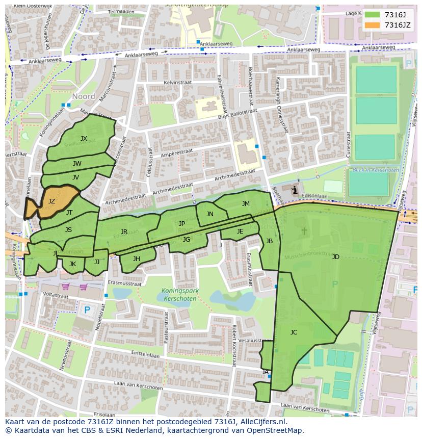 Afbeelding van het postcodegebied 7316 JZ op de kaart.