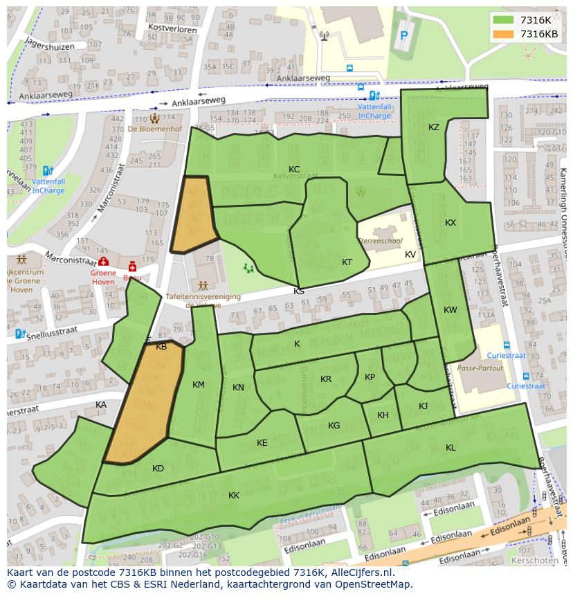Afbeelding van het postcodegebied 7316 KB op de kaart.