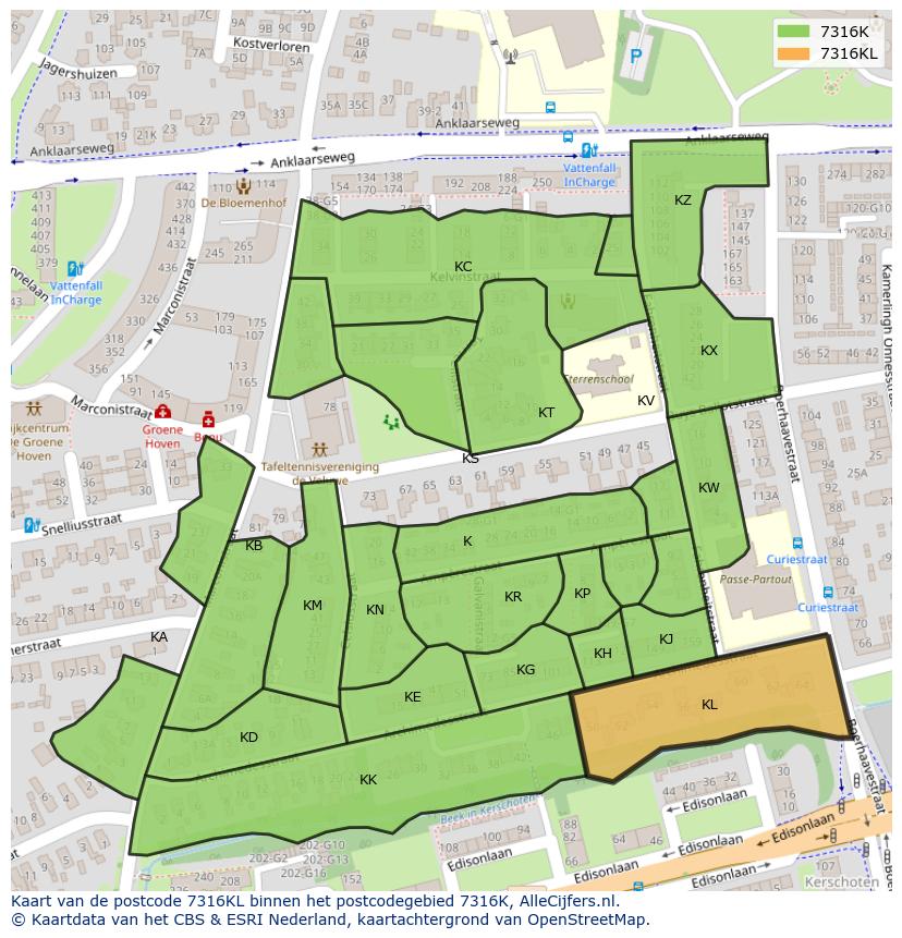 Afbeelding van het postcodegebied 7316 KL op de kaart.