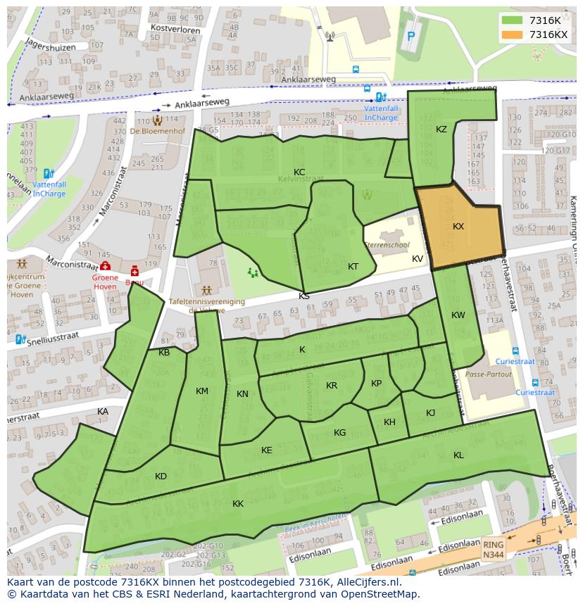 Afbeelding van het postcodegebied 7316 KX op de kaart.