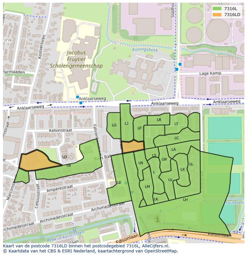 Afbeelding van het postcodegebied 7316 LD op de kaart.