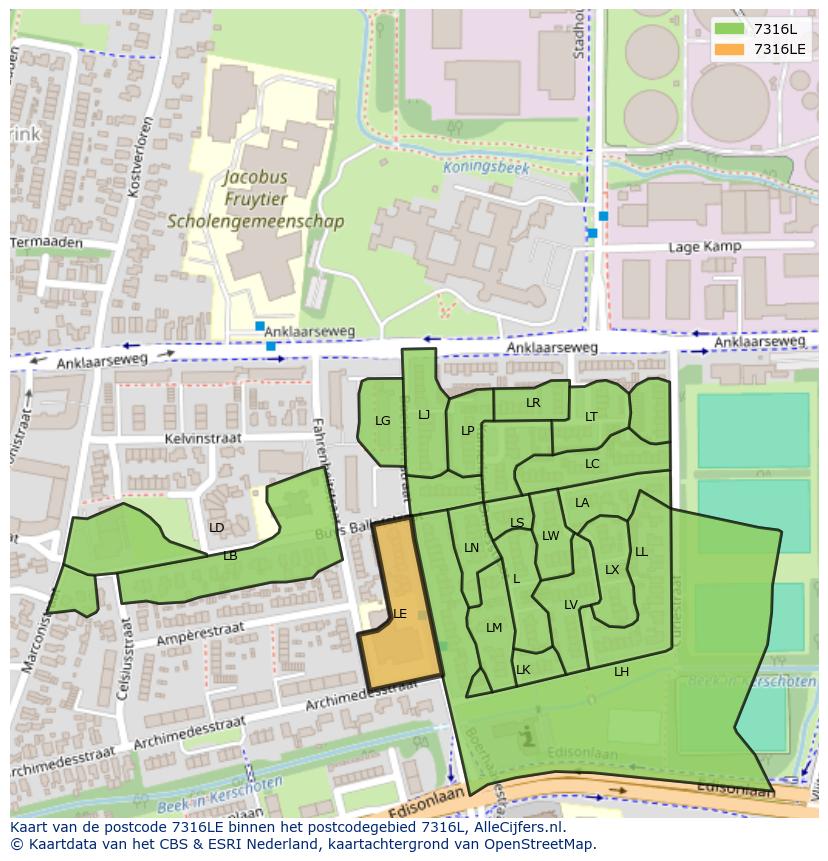 Afbeelding van het postcodegebied 7316 LE op de kaart.