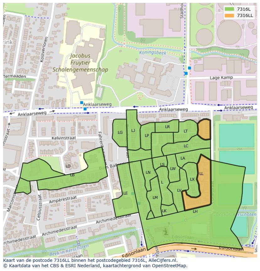 Afbeelding van het postcodegebied 7316 LL op de kaart.