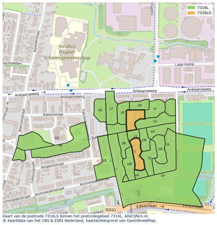 Afbeelding van het postcodegebied 7316 LS op de kaart.