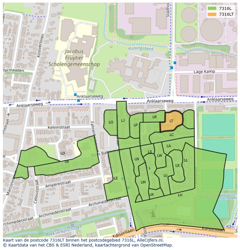 Afbeelding van het postcodegebied 7316 LT op de kaart.