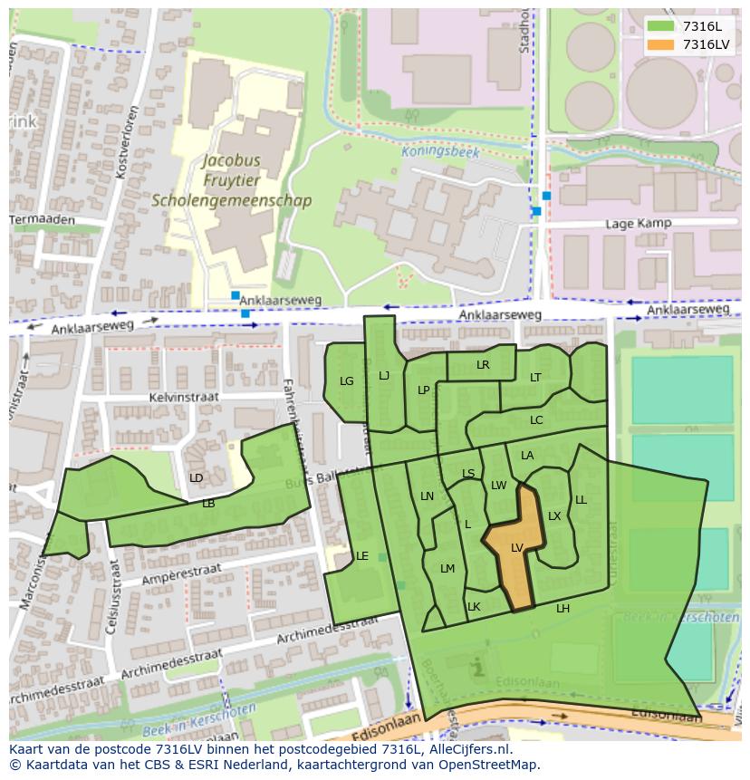 Afbeelding van het postcodegebied 7316 LV op de kaart.
