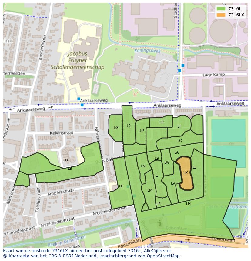 Afbeelding van het postcodegebied 7316 LX op de kaart.