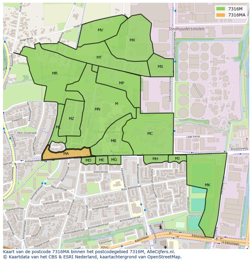 Afbeelding van het postcodegebied 7316 MA op de kaart.