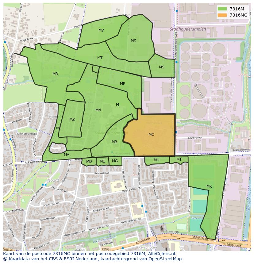 Afbeelding van het postcodegebied 7316 MC op de kaart.