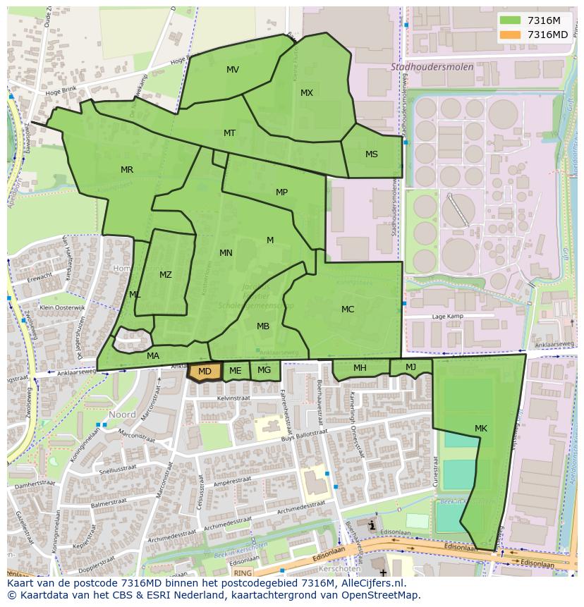 Afbeelding van het postcodegebied 7316 MD op de kaart.