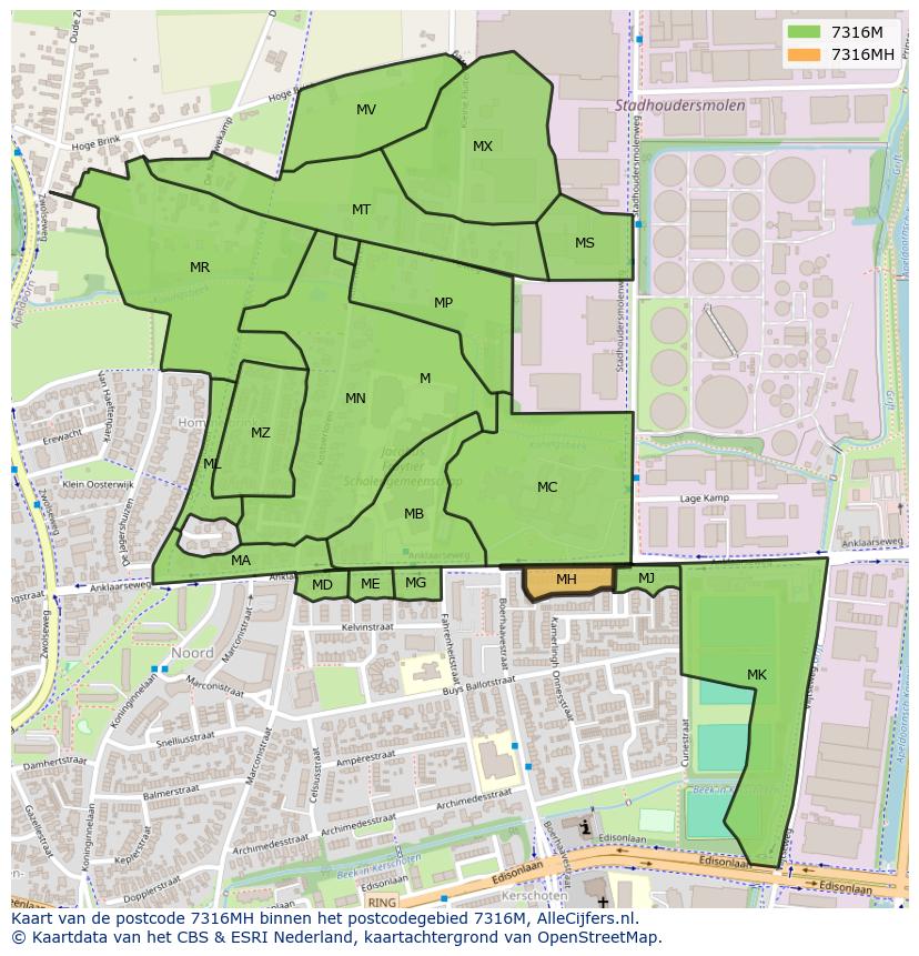 Afbeelding van het postcodegebied 7316 MH op de kaart.