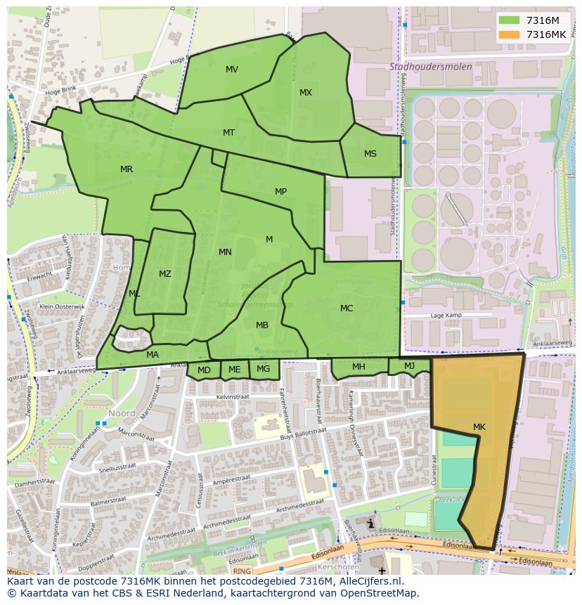 Afbeelding van het postcodegebied 7316 MK op de kaart.