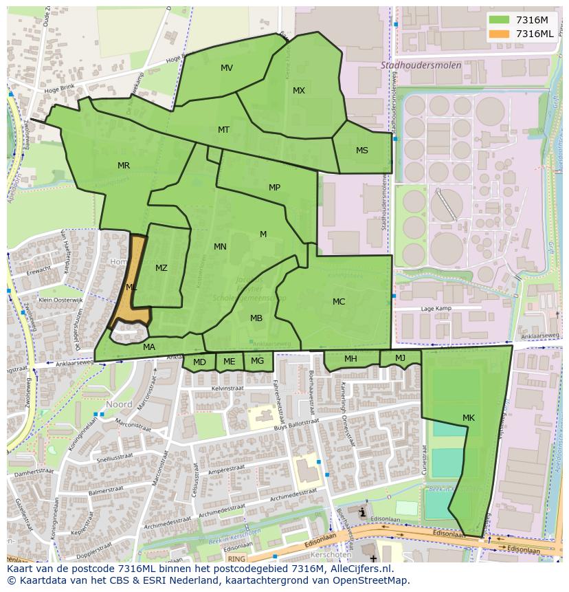 Afbeelding van het postcodegebied 7316 ML op de kaart.