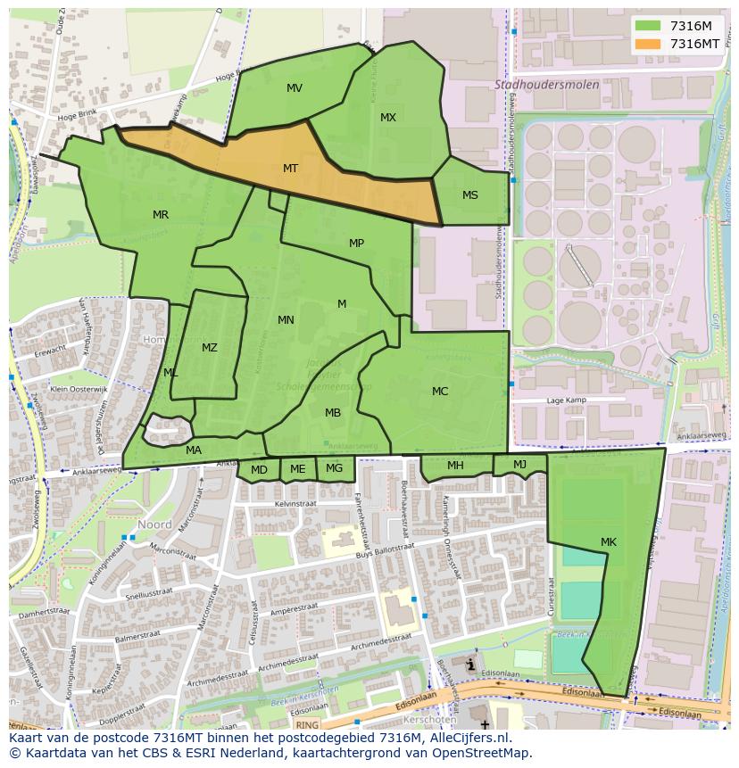 Afbeelding van het postcodegebied 7316 MT op de kaart.