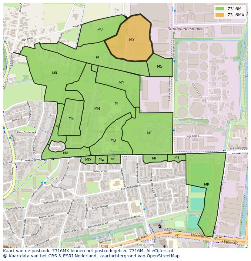Afbeelding van het postcodegebied 7316 MX op de kaart.